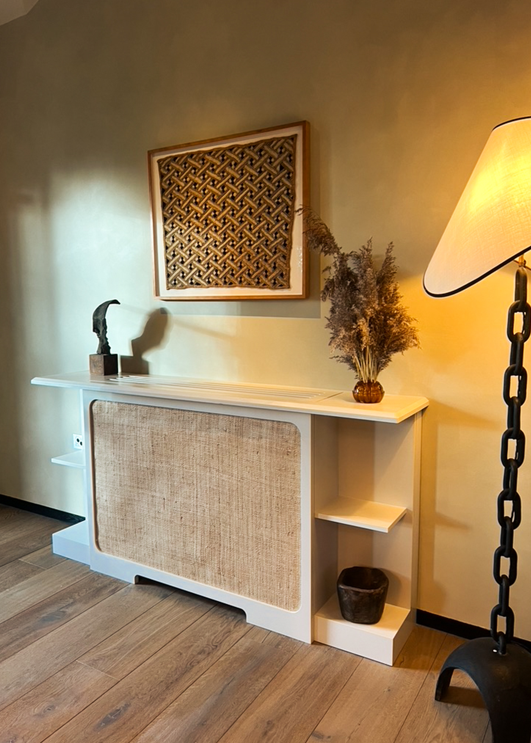 White Radiator Cover with shelves and natural materials