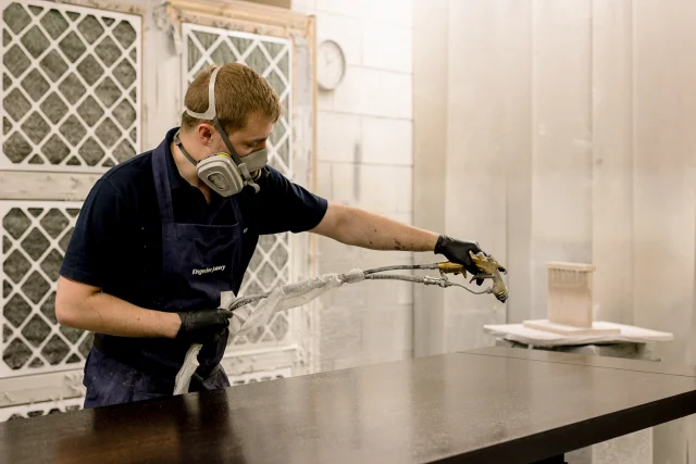 Final spray finish applied using HVLP technology for accuracy and uniform coating. The result: a resilient, high-quality surface ready for installation.  #JoineryWorkshop #WoodFinishing #PrecisionWork